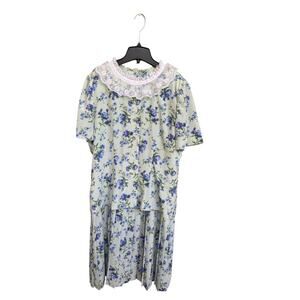 Leslie Fay 90s Grandmacore Prairie Midi Dress 14/Blue Floral Lace Collar